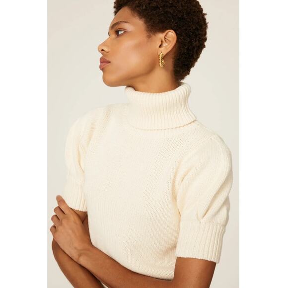 Adam Lippes Sweater Womens Small White Puff Sleeve Knit Turtleneck Cotton Wool - Picture 1 of 12